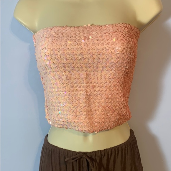 Vintage MODA international Sequin Strapless powder Pink tube Top stretchy Y2K - Picture 1 of 6